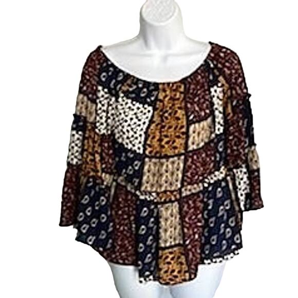 Moa Moa Size M Blue & Gold & Burgundy Patchwork Paisley Boho Crop Top Blouse - Picture 1 of 8